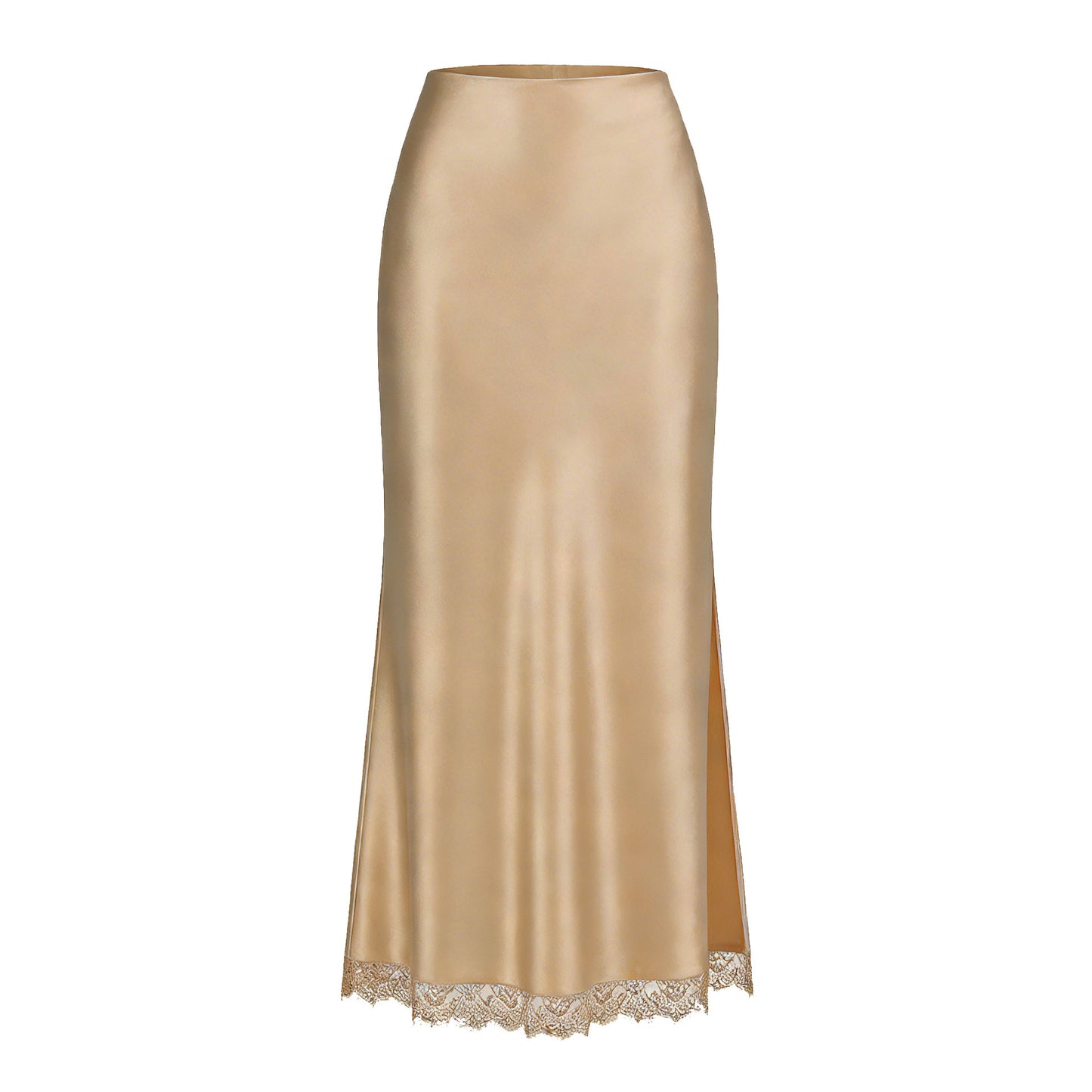 Jupe Midi en Satin avec Fente Latérale et Ourlet en Dentelle