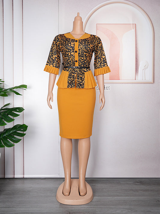 Habit :Robe imprimée deux pièces style faux deux pièces pour femme grande taille, col V, manches plissées, coupe trapèze