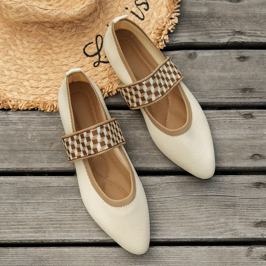 Chaussures de travail pour femmes mocassins à talon plat, couleur unie, tissé volant, décontracté, bout pointu, ouverture basse, grande taille pour le commerce extérieur transfrontalier rétro
