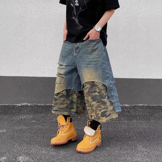Shorts en jean lavé pour hommes taille haute style raccourci et usé