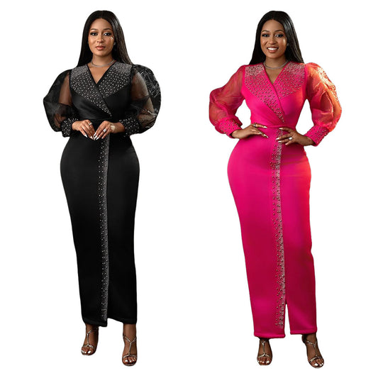 Robe moulante à manches bouffantes en losanges pour femme
