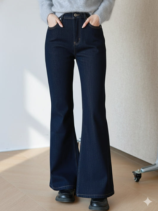 Jean bootcut en denim doublé en polaire, pantalon stretch taille haute