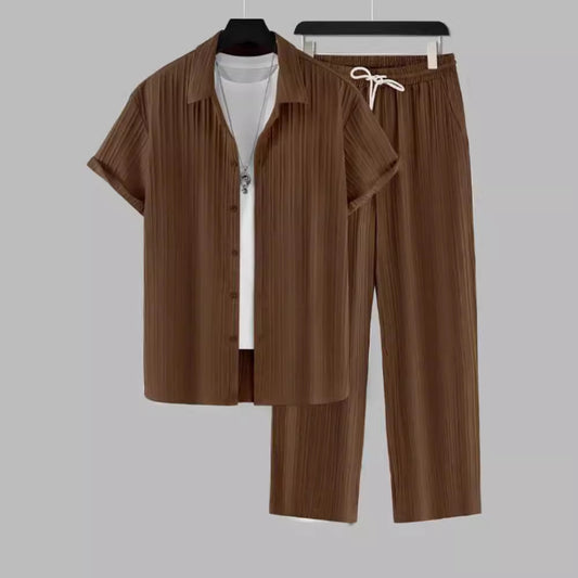 Chemise à manches courtes rayée pour hommes et pantalon ensemble décontracté