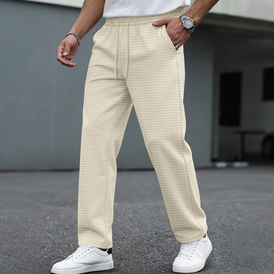 Nouveau pantalon décontracté pour homme à grands carreaux et cordon de serrage ; pantalon léger, respirant et confortable, à coupe droite et poches.