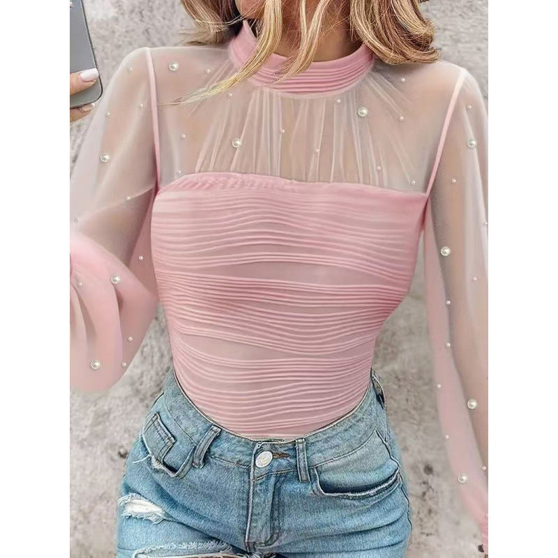 Chemise à manches longues avec empiècement en perles