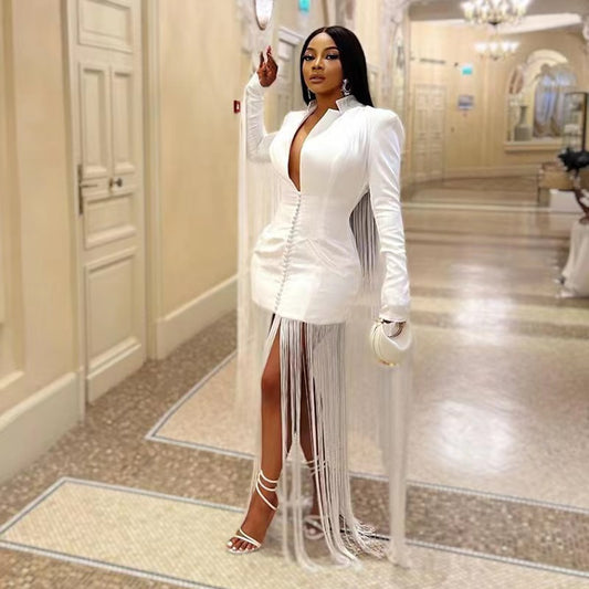 Habit :Robe moulante sexy à décolleté plongeant et manches longues à franges pour femme