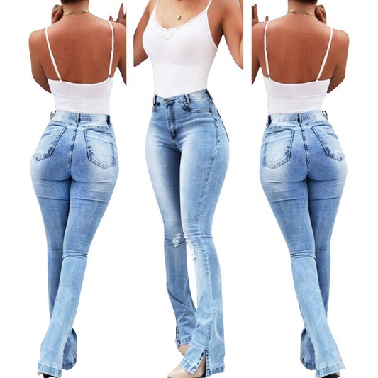 Jean évasé taille haute élastique pour femmes