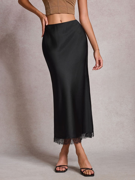 Jupe Midi en Satin avec Fente Latérale et Ourlet en Dentelle