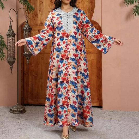 Robe a manches longues brodee a imprime geometrique retro