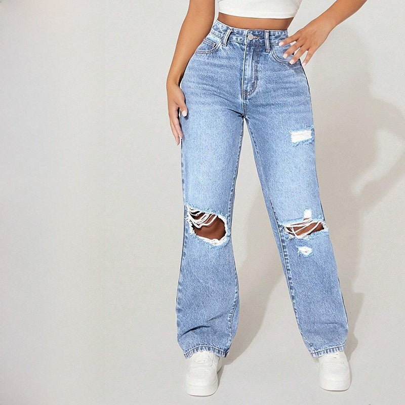 Pantalon en jean droit taille haute pour femmes