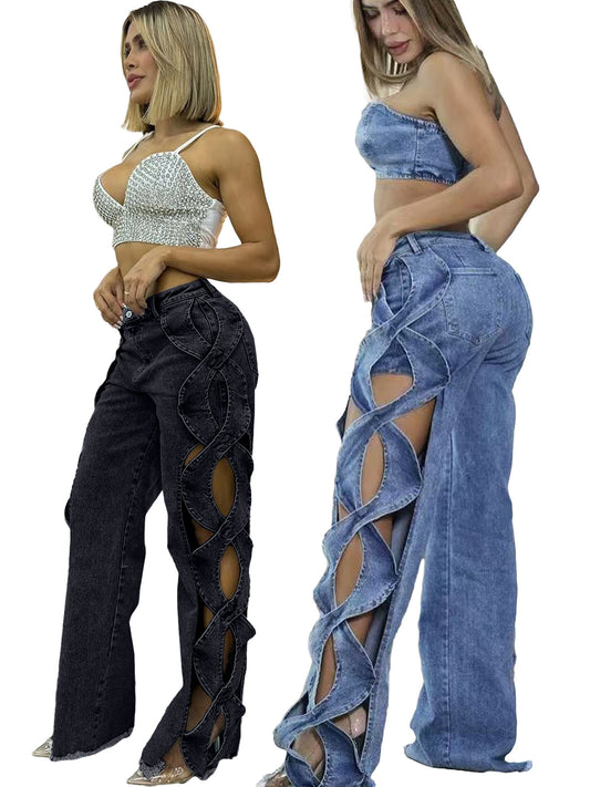 Pantalon en jean à patchwork pour femmes avec découpes