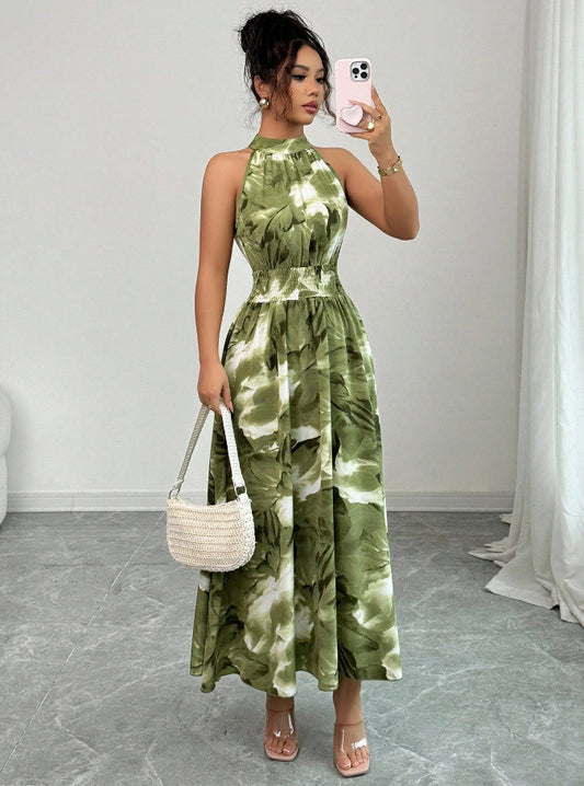 Robe trapèze à col montant et imprimé floral