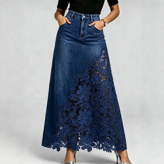 Jupe midi en jean à bordure en dentelle