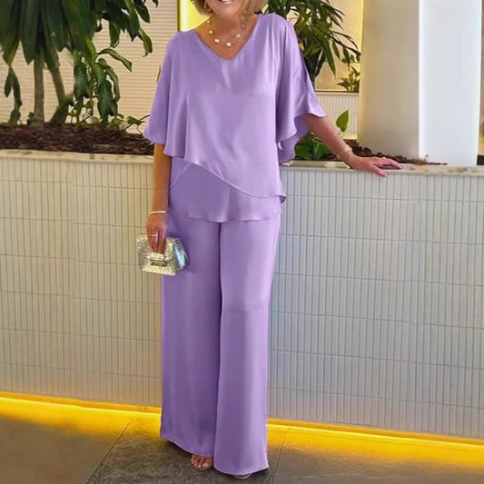 Ensemble décontracté grande taille à col en V, couleur unie, ourlet asymétrique