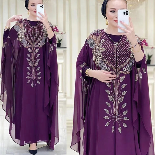 Habit :Robe ethnique en mousseline et strass pour femme grande taille