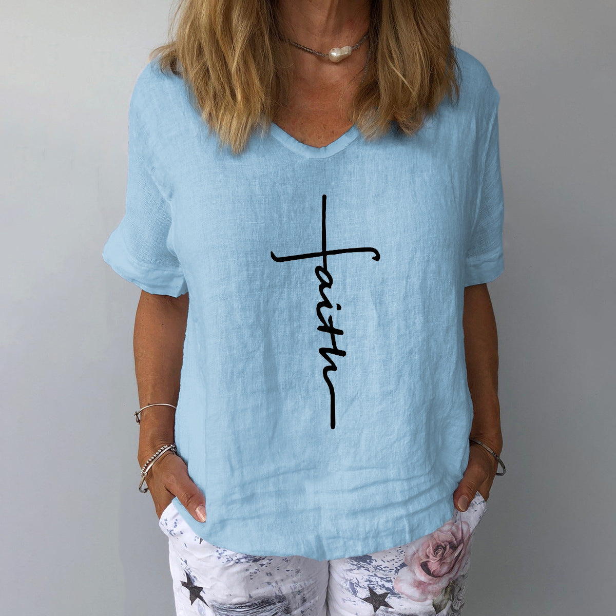 Chemise courte à manches en coton et lin imprimé