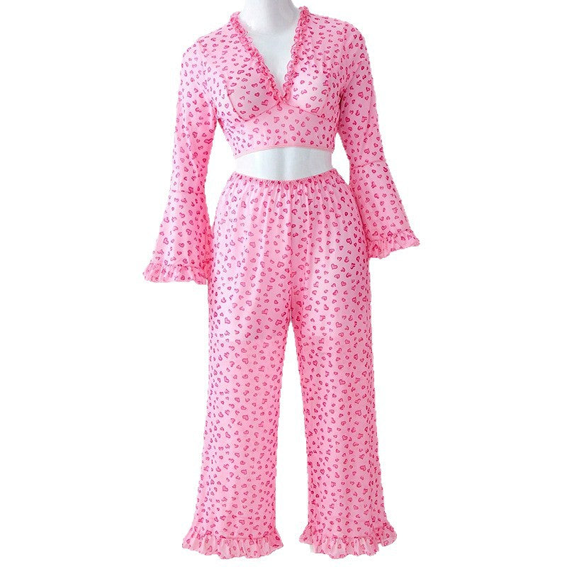 Ensemble de pyjama en dentelle transparente à motif cœur
