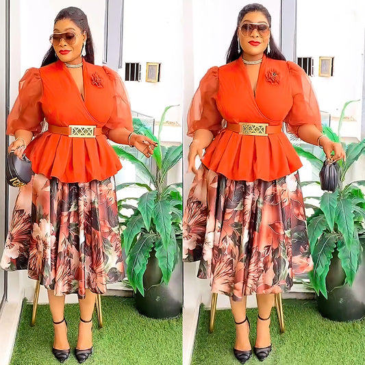 Habit :Ensemble deux pièces pour femme : haut et jupe en mousseline à imprimé floral