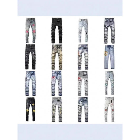 Jean en denim déchiré à patchwork coupe slim pour hommes