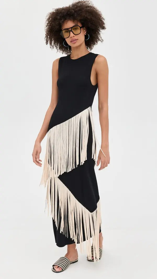 Robe bohème sans manches à franges asymétriques