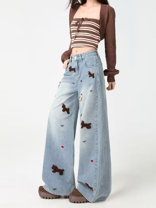 Pantalon en jean large brodé