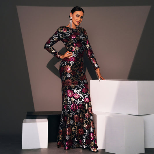 Robe de soirée élégante à manches longues en sequins