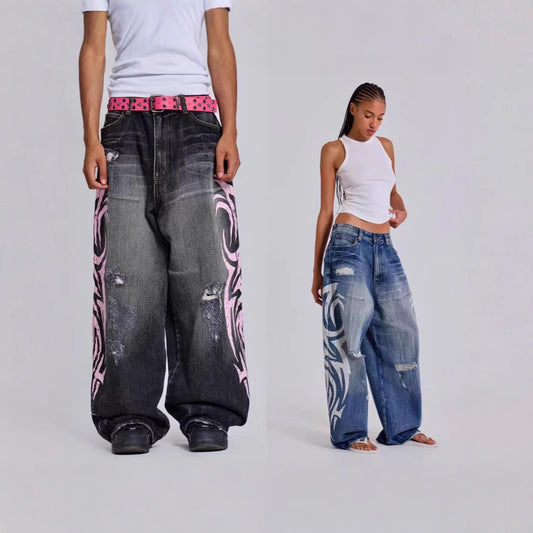 Pantalon en jean à jambes larges imprimé rétro