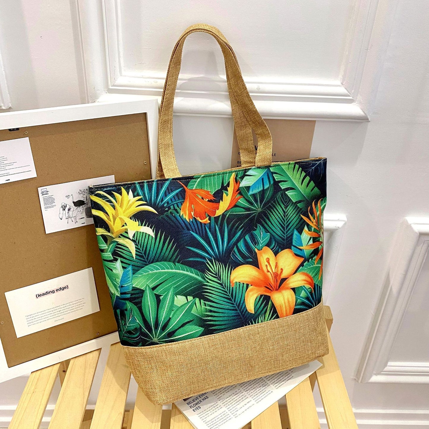 Sac fourre-tout artistique en coton et lin avec fermeture éclair