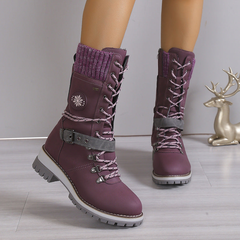 Bottes d'hiver pour femmes doublées de fourrure, chaudes, montantes, à lacets