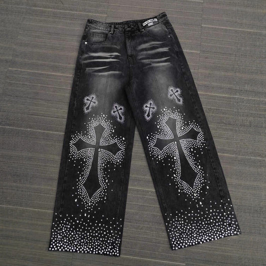 Jean droit ample taille haute orné de strass