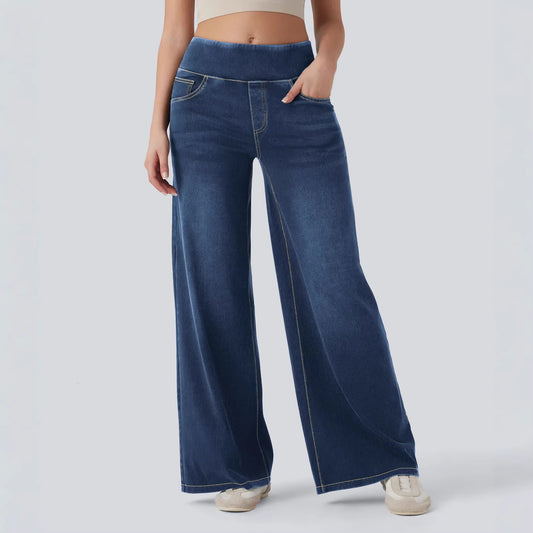 Pantalon en jean femme taille haute à jambes larges et élastique