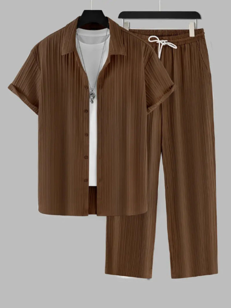 Chemise à manches courtes rayée pour hommes et pantalon ensemble décontracté