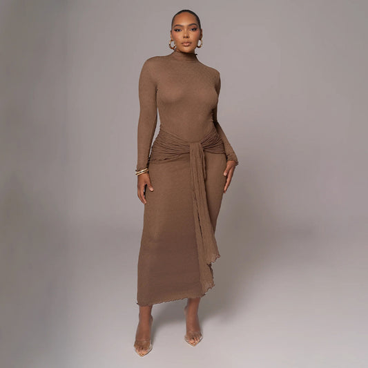 Robe longue ajustée plissée, unie, à manches longues, tendance et sexy