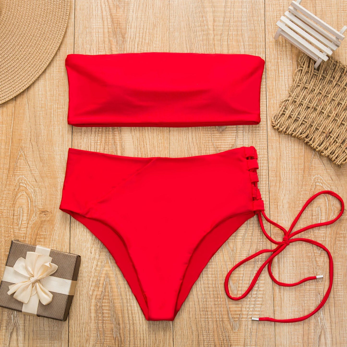 Maillot de bain bikini taille haute couleur unie