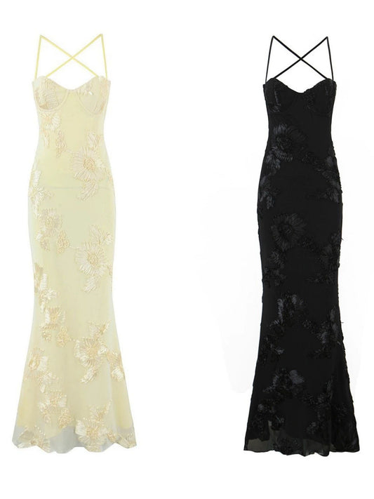 Robe de soirée élégante dos nu en jacquard