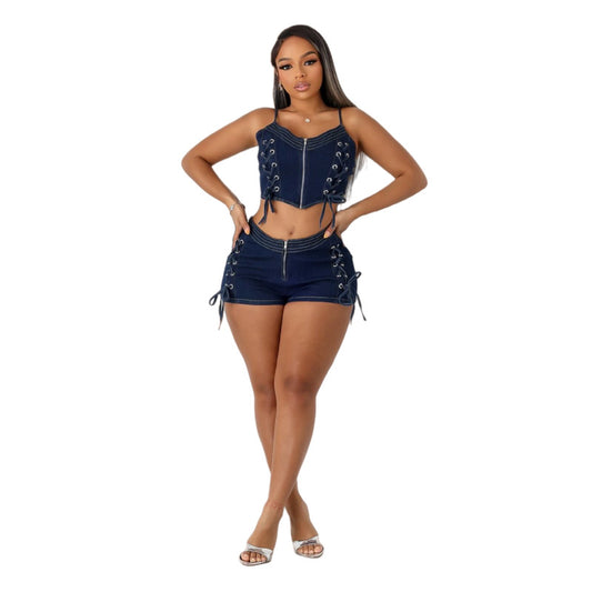 Ensemble gilet en jean à lacets et short élastique