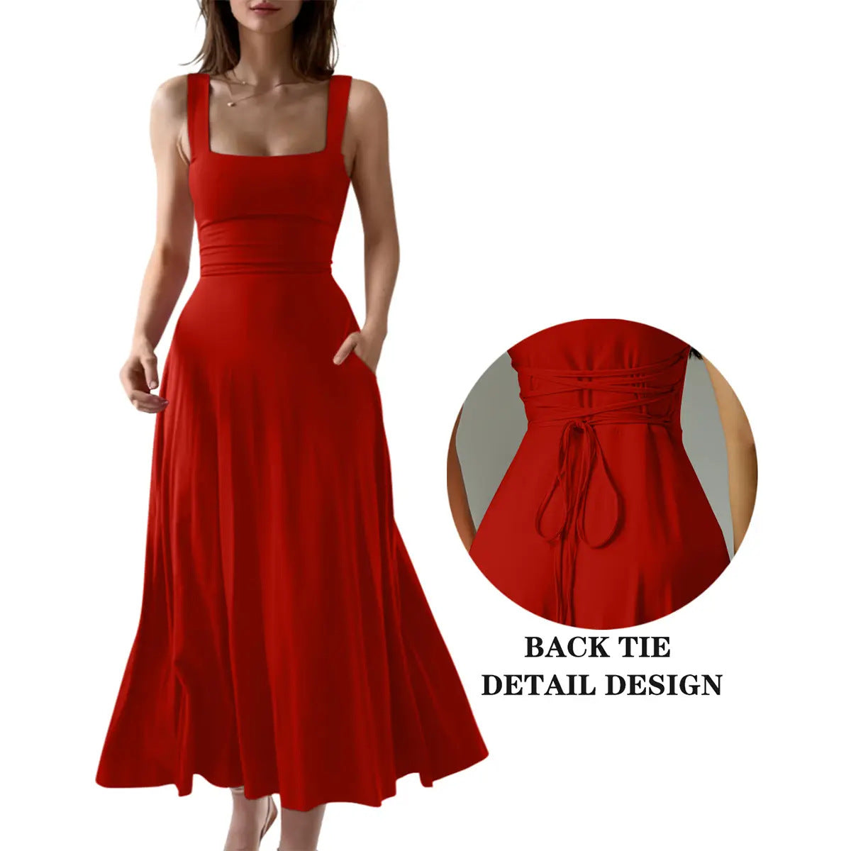 Robe longue élégante à bretelles épaisses et col carré