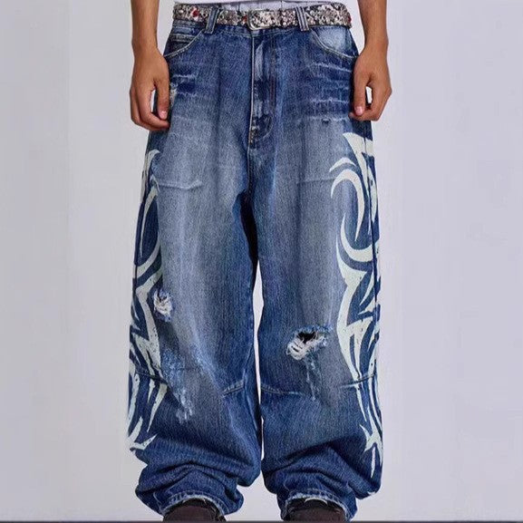 Pantalon en jean à jambes larges imprimé rétro