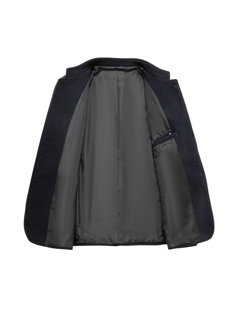 Manteau en laine pour hommes automne et hiver, décontracté, coupe slim, col droit style Zhongshan, manteau en laine uni pour hommes