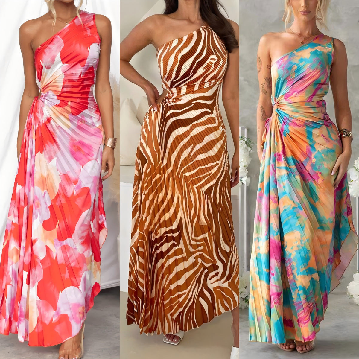 Robe imprimée plissée asymétrique à une épaule