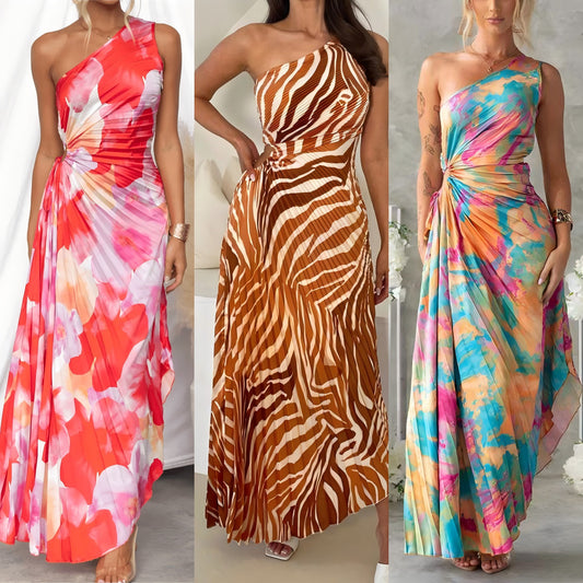 Robe imprimée plissée asymétrique à une épaule