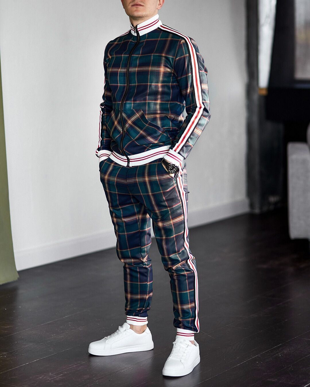 Ensemble veste et pantalon à carreaux pour homme, style sport décontracté