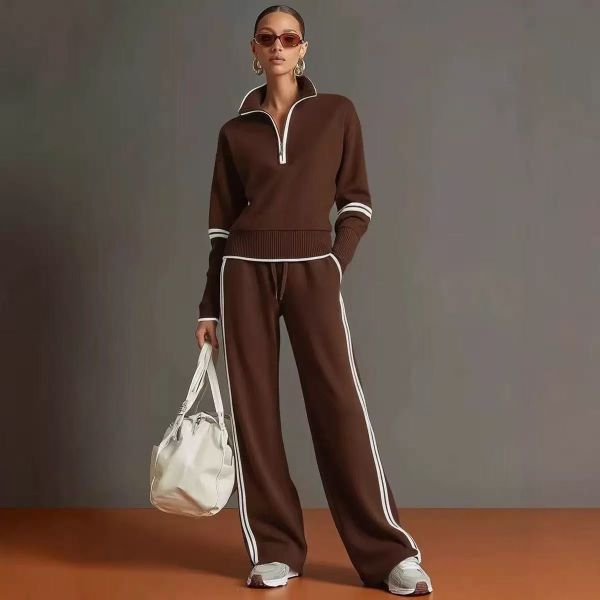 Habit :Ensemble décontracté sweat-shirt à col droit et pantalon à jambes larges