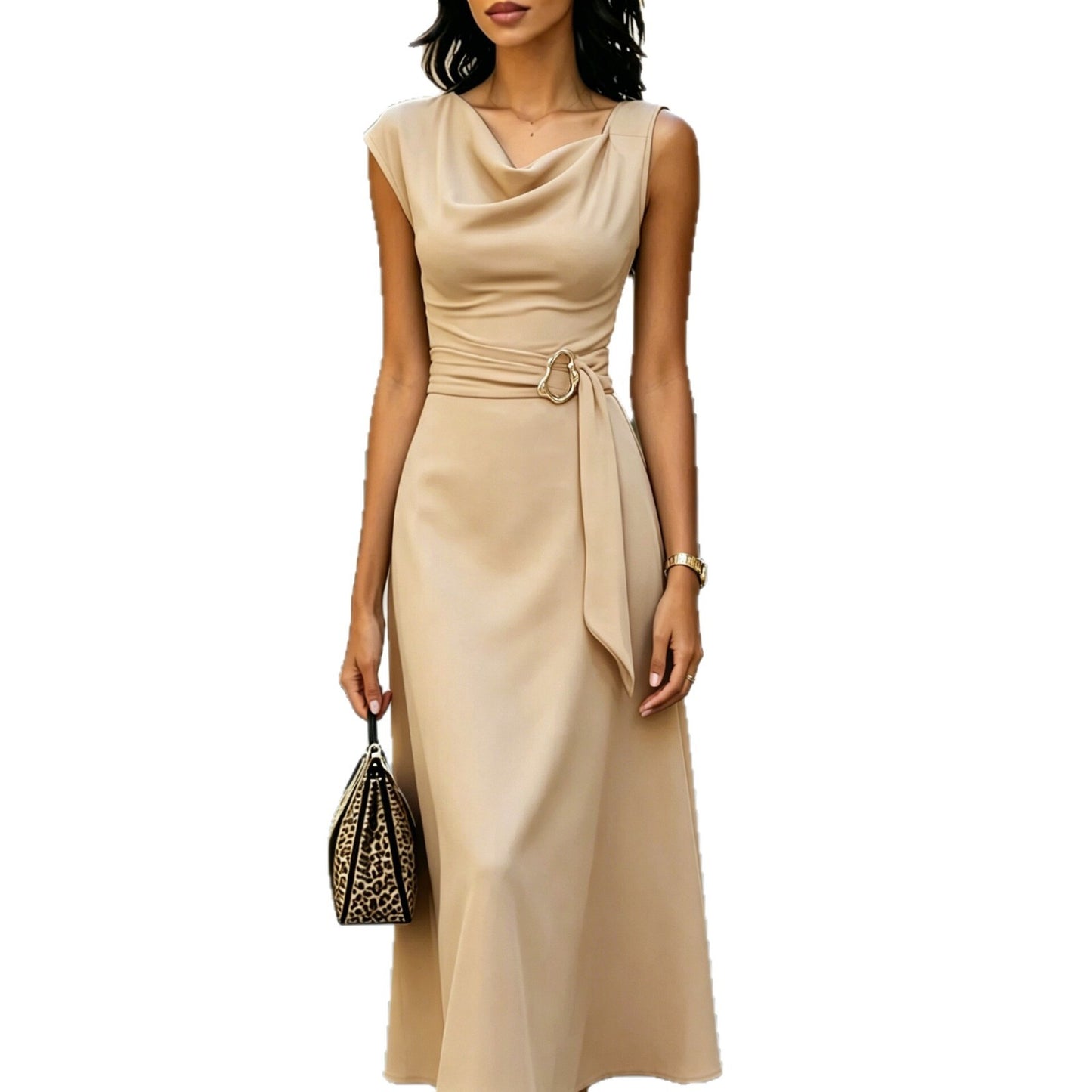 Robe A-ligne élégante à taille nouée asymétrique