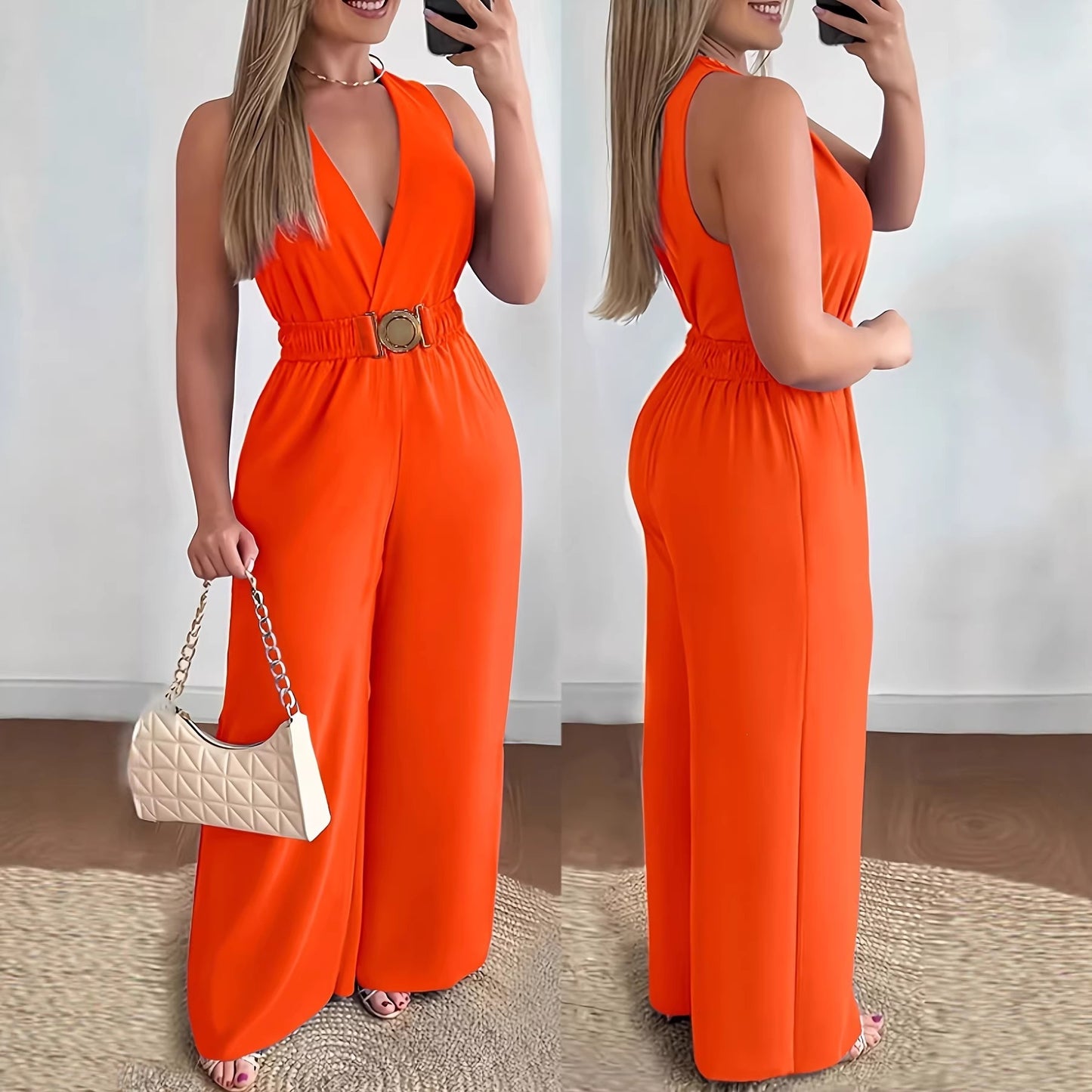 Habit :Combinaison femme sans manches à col en V profond et jambes larges