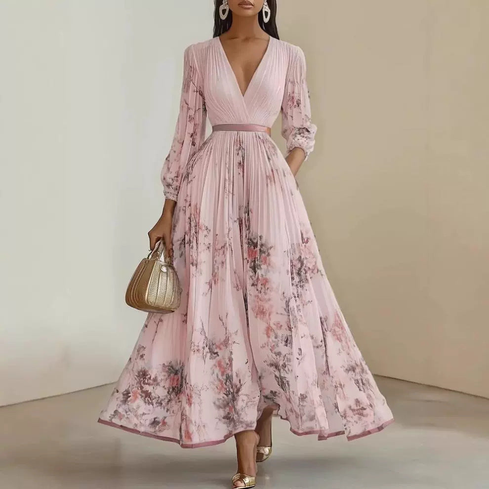 Robe longue à manches longues pour femmes avec col en V et plis
