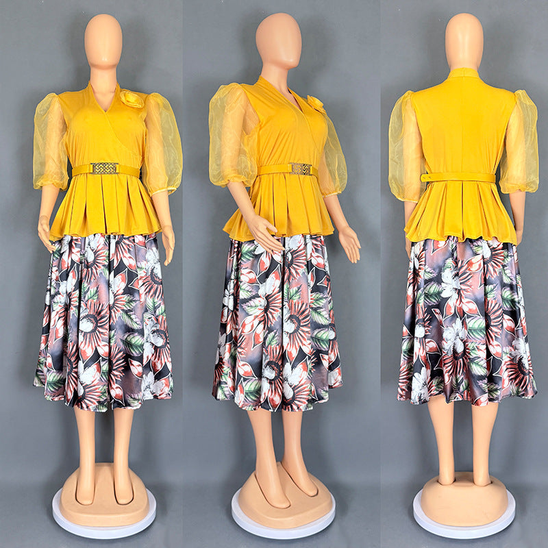 Habit :Ensemble deux pièces pour femme : haut et jupe en mousseline à imprimé floral
