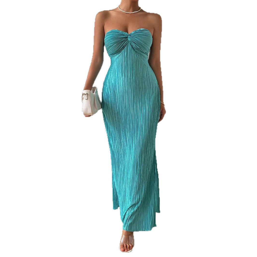 Robe longue plissee bustier avec detail noeud