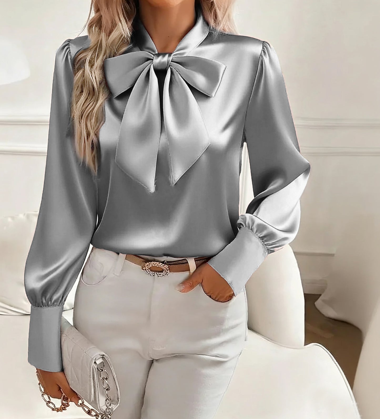 Blouse en satin avec nœud pour femmes