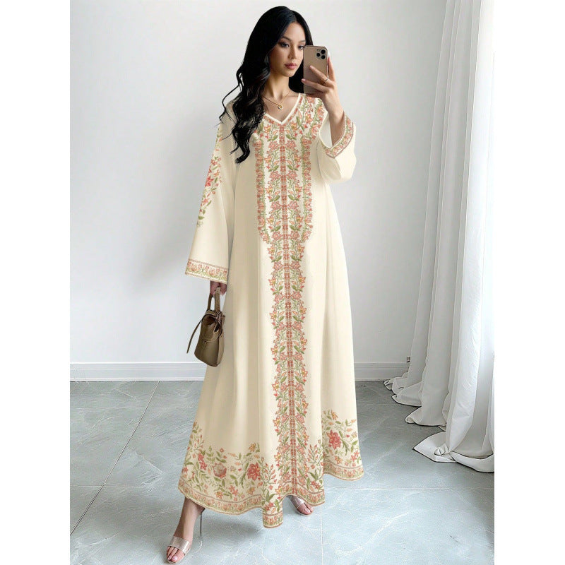 Robe longue à col en V avec imprimé floral